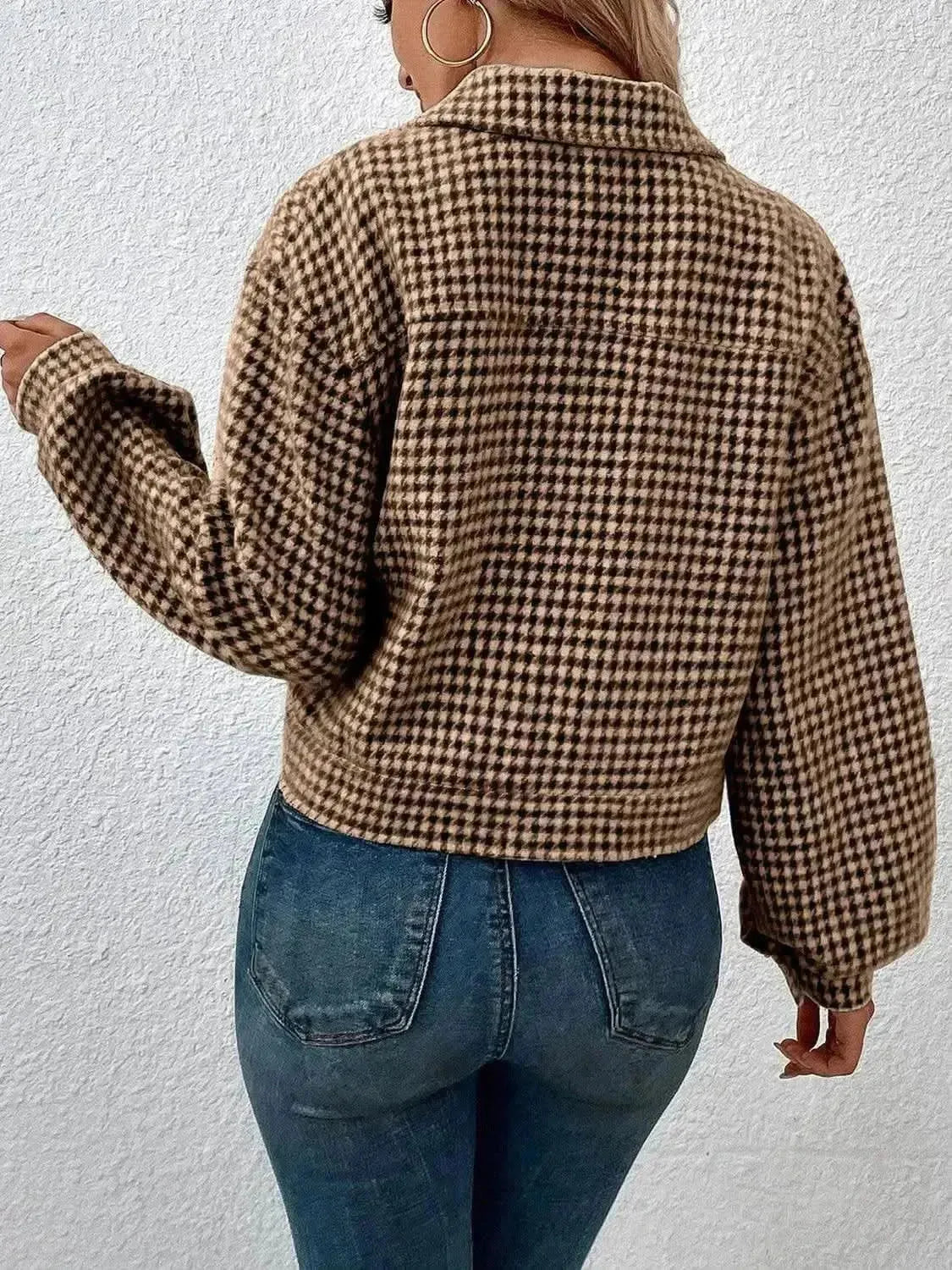 Houndstooth Collared Neck Button Up Jacket - Bad Moms Club