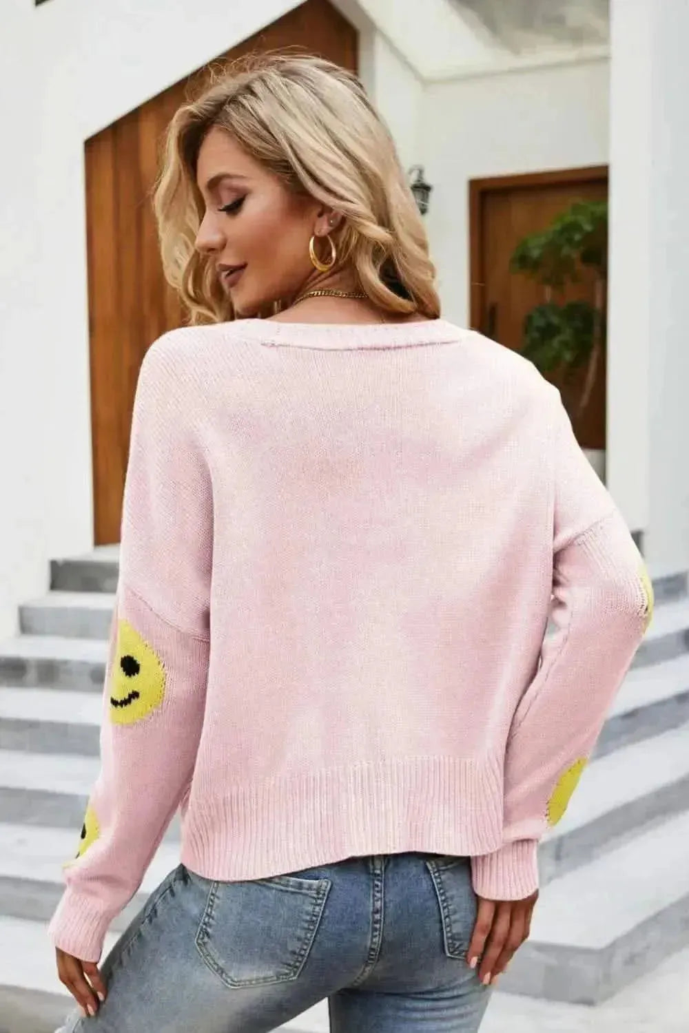 Smiley Face Ribbed Trim V-Neck Cardigan - Bad Moms Club
