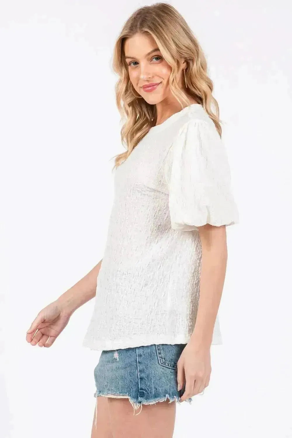 Ces Femme Textured Puff Sleeve Top - Bad Moms Club
