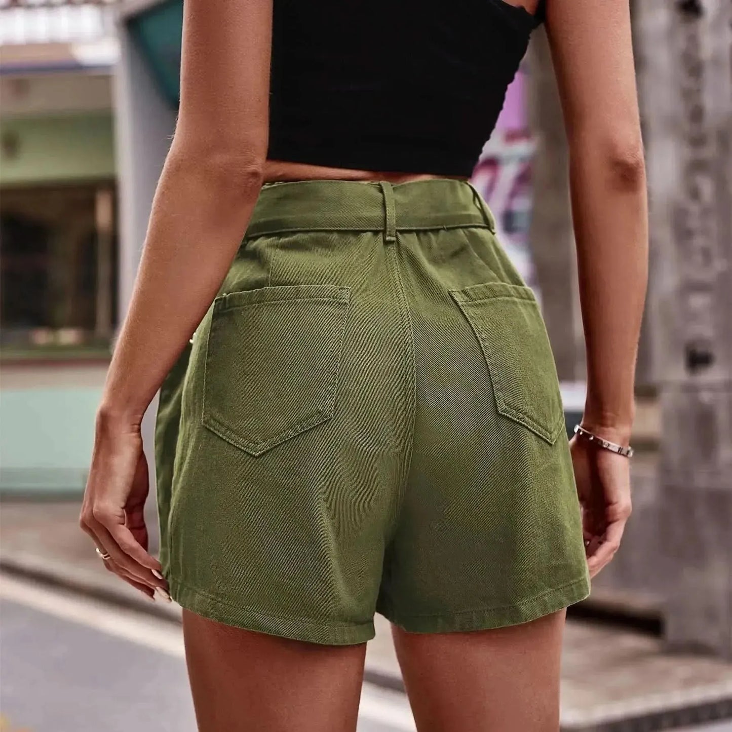 Belted Denim Shorts with Pockets - Bad Moms Club