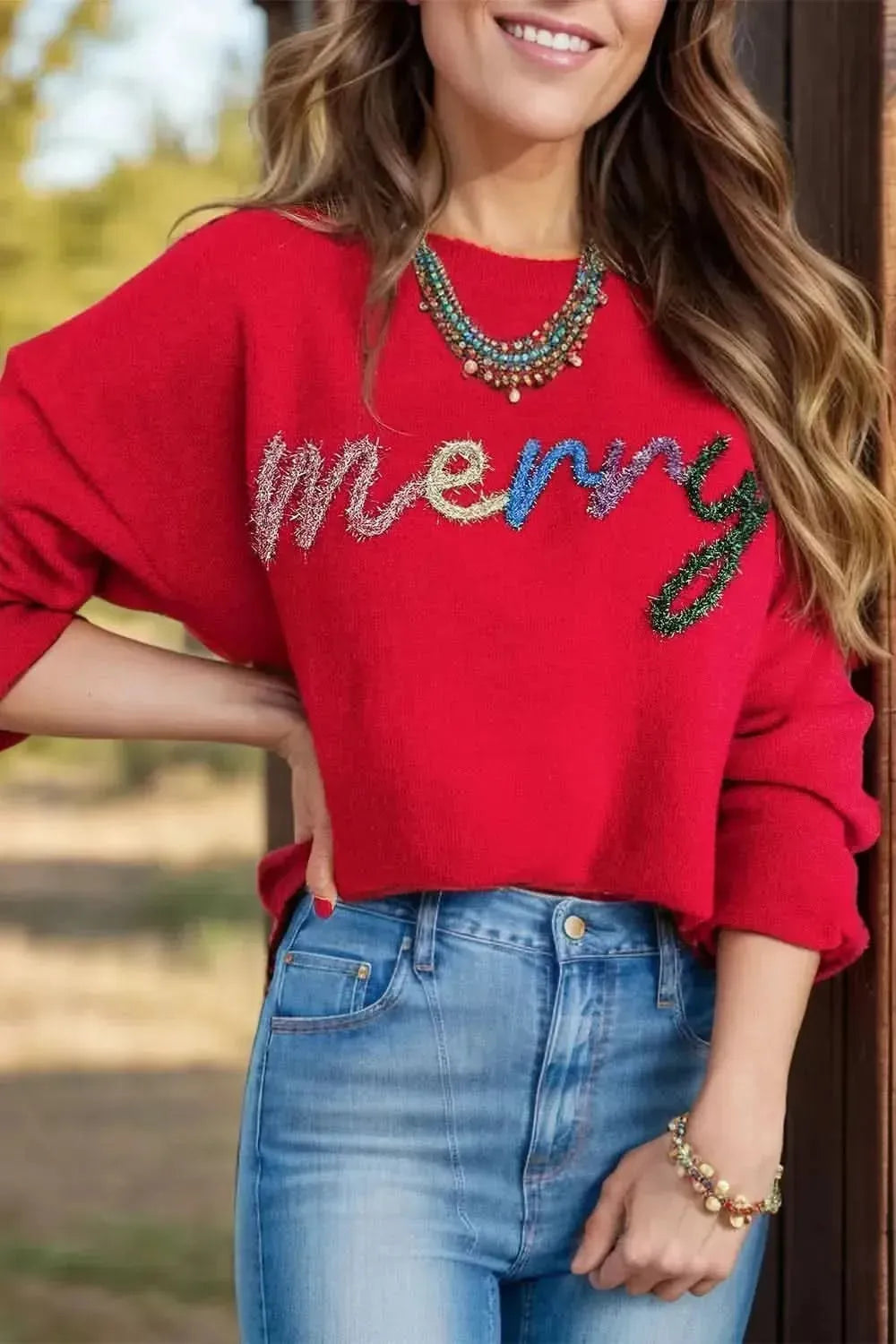 MERRY Round Neck Long Sleeve Sweater - Bad Moms Club