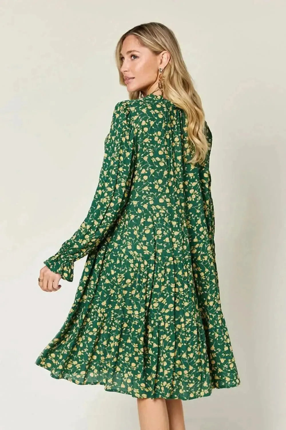 Double Take Full Size Printed Ruffle Hem Long Sleeve Tiered Dress - Bad Moms Club