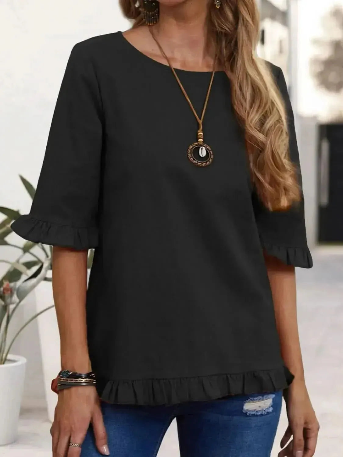 Ruffled Round Neck Half Sleeve Blouse - Bad Moms Club