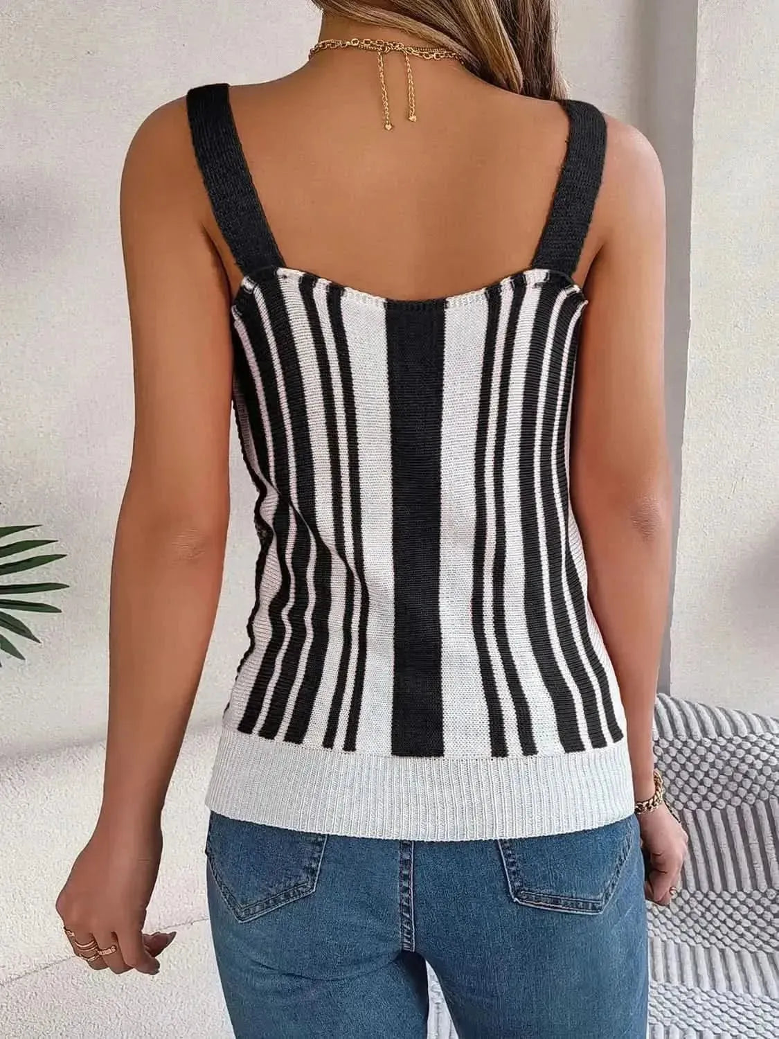 Openwork Striped V-Neck Tank - Bad Moms Club