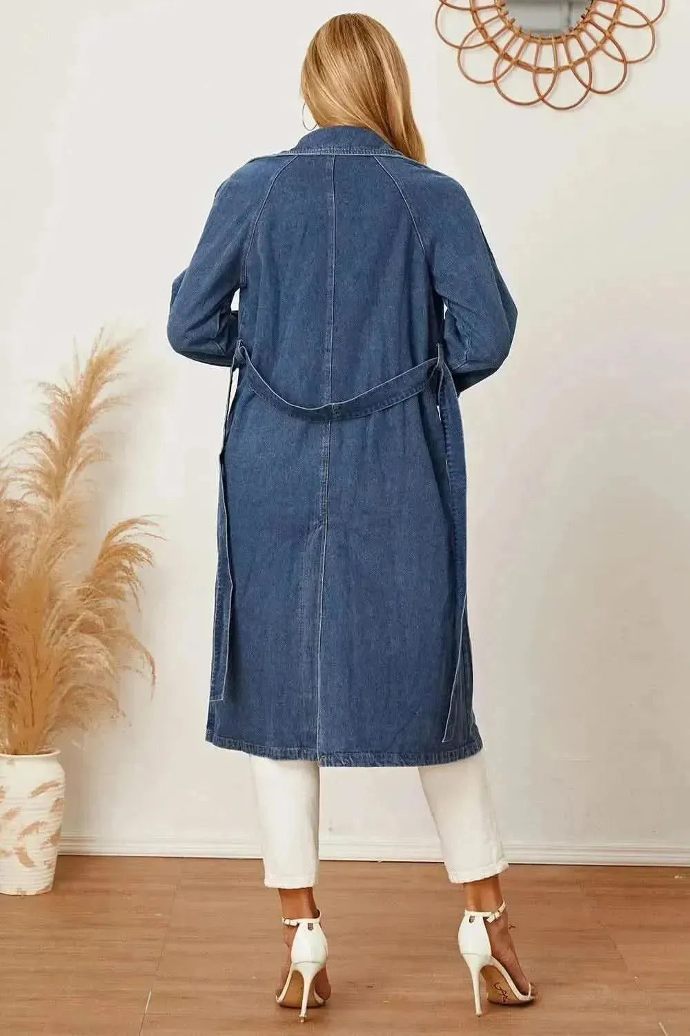MeiMei Double-Breasted Belted Longline Denim Jacket - Bad Moms Club