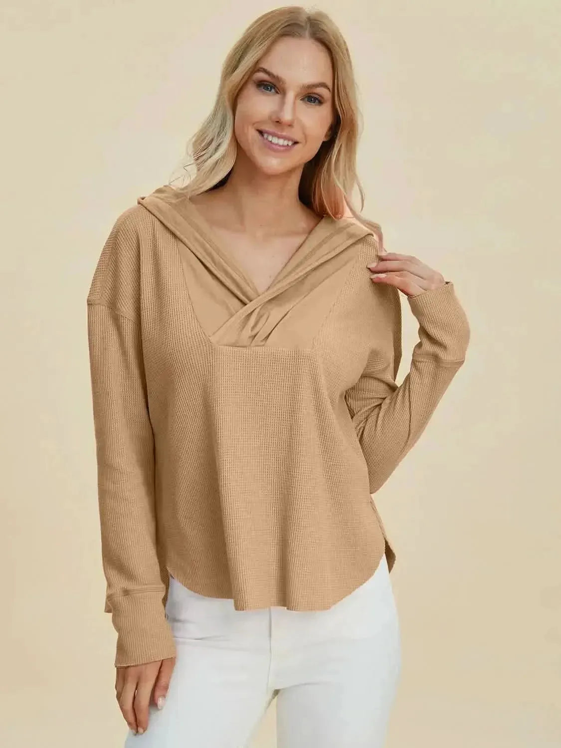 Double Take Full Size High-Low Dropped Shoulder Long Sleeve Hoodie - Bad Moms Club