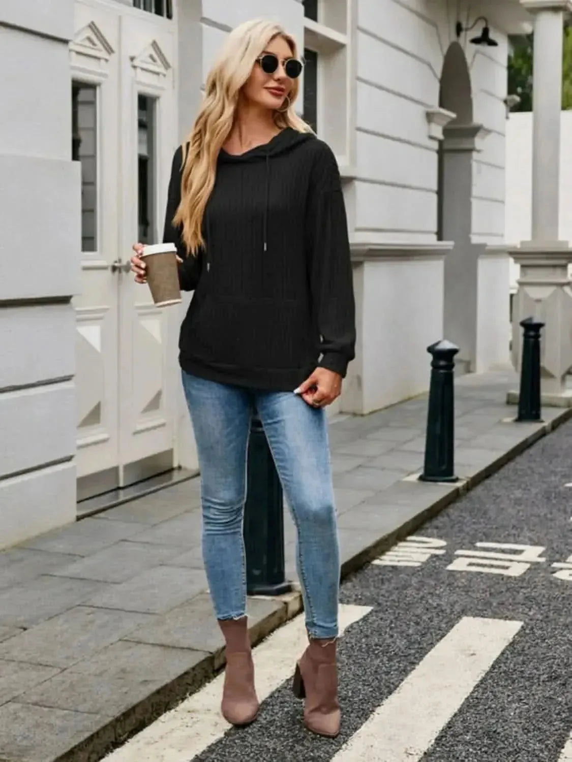 Ribbed Drawstring Long Sleeve Hoodie - Bad Moms Club