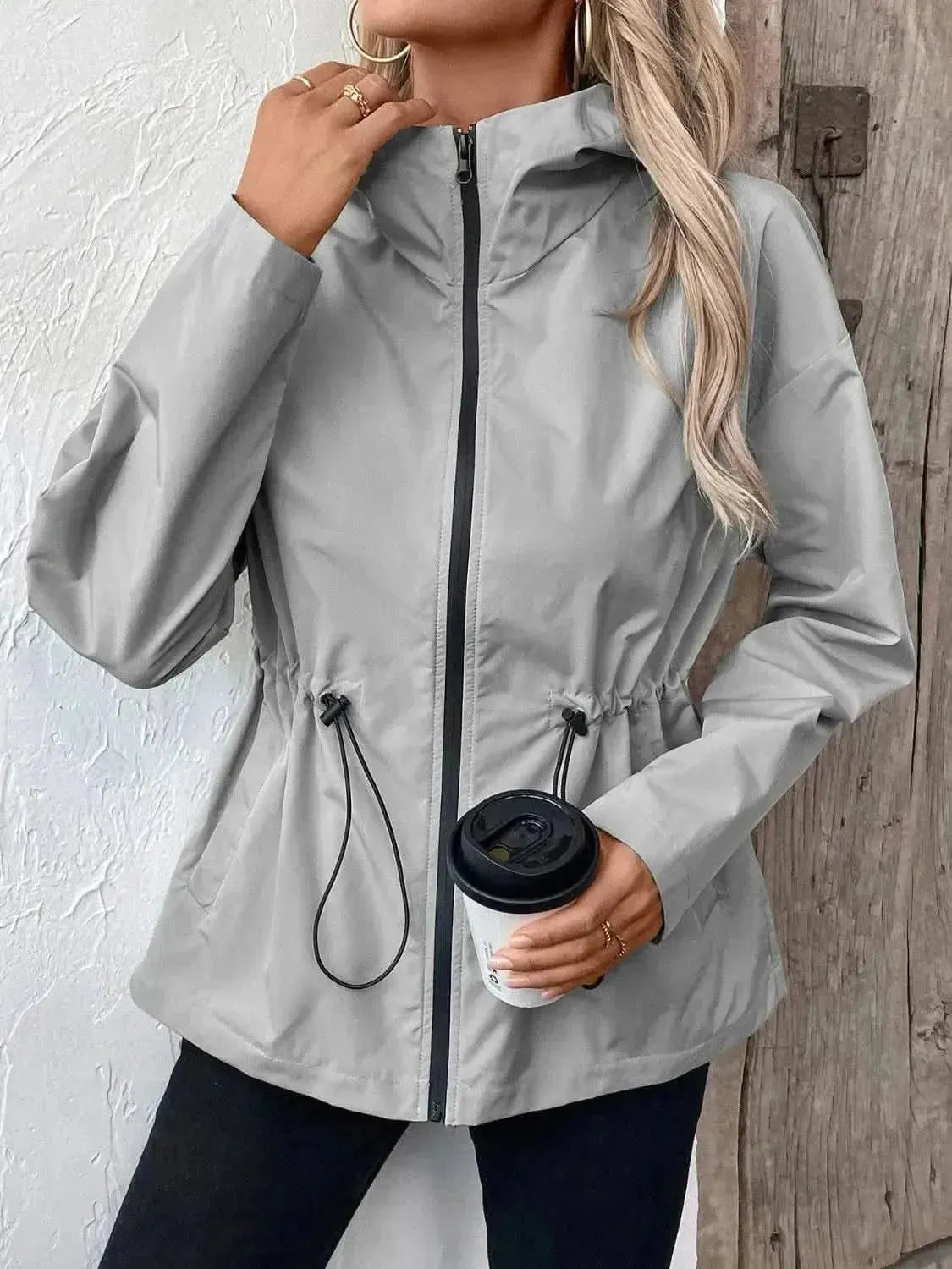 Drawstring Zip Up Hooded Jacket - Bad Moms Club