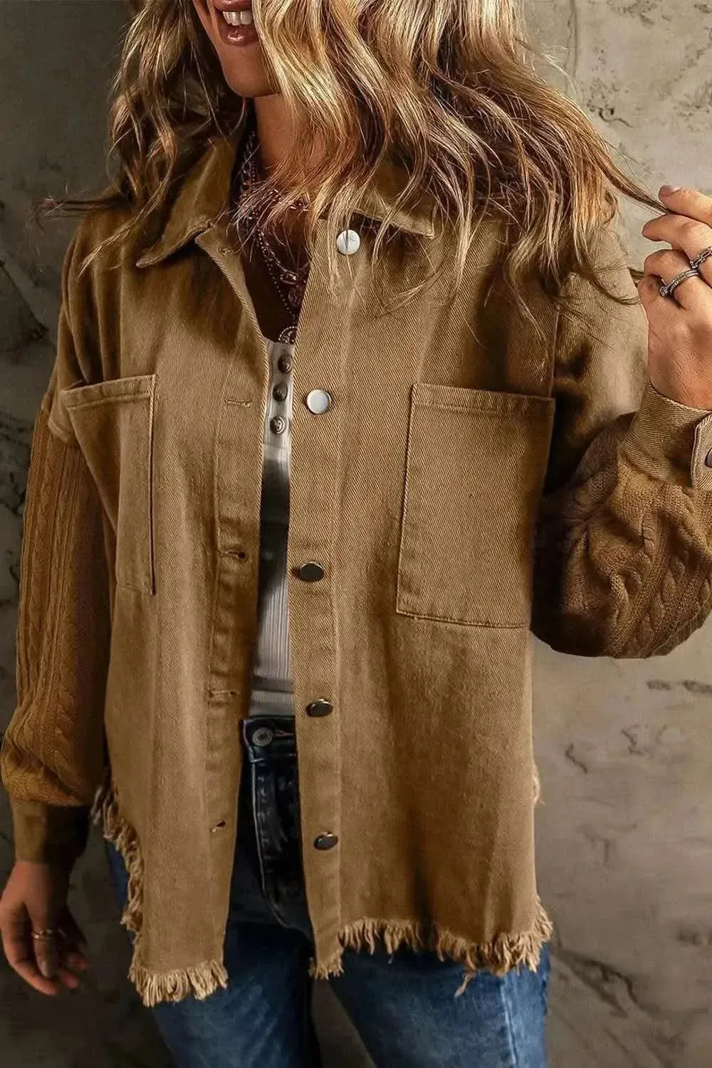 Pocketed Button Up Raw Hem Denim Jacket - Bad Moms Club