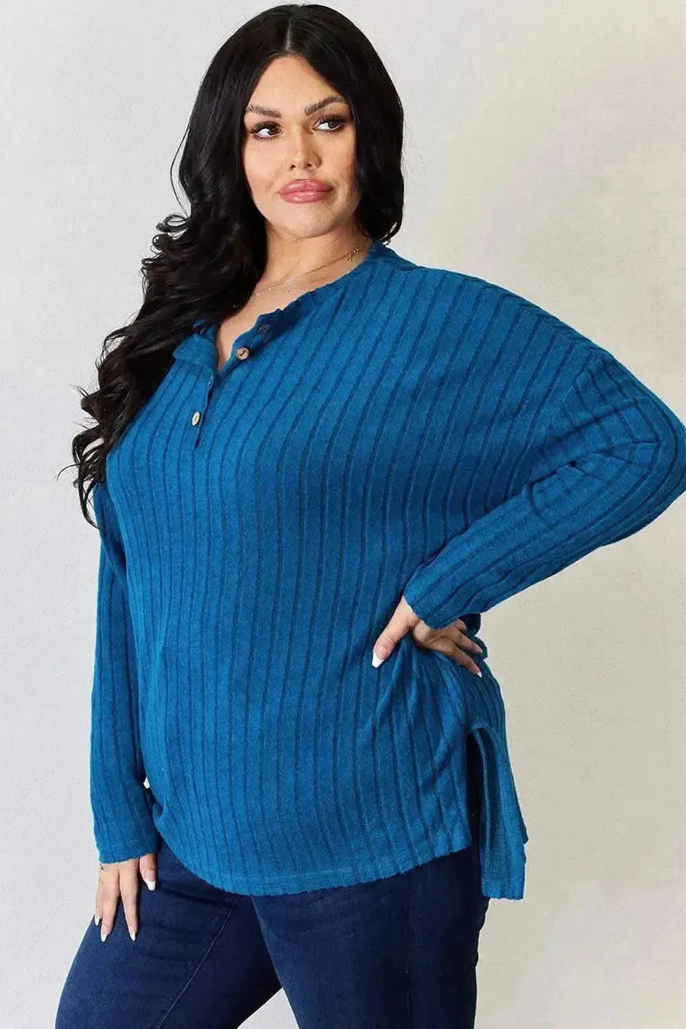 Basic Bae Full Size Ribbed Half Button Long Sleeve High-Low T-Shirt - Bad Moms Club
