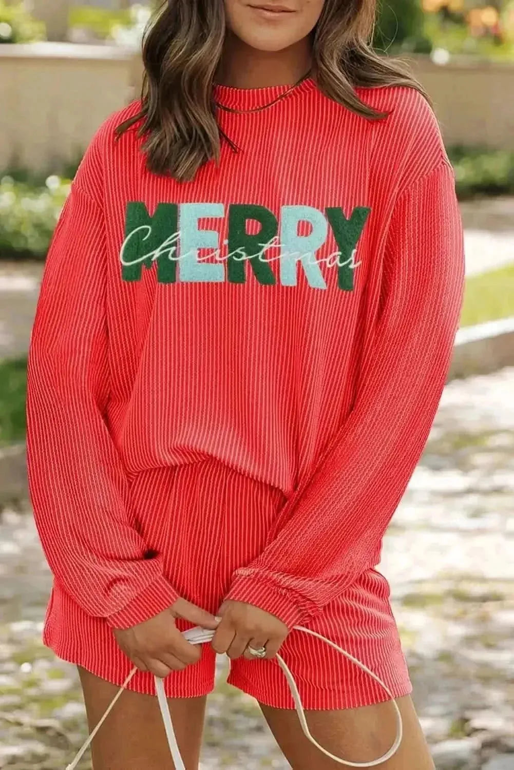 MERRY CHRISTMAS Round Neck Long Sleeve Top and Shorts Set - Bad Moms Club