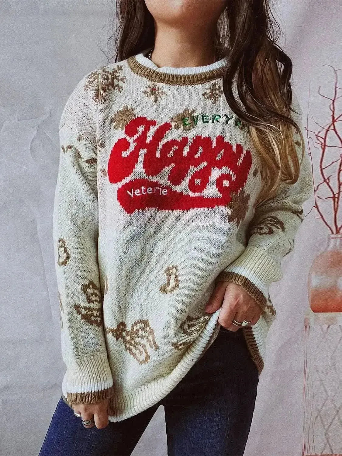 HAPPY Round Neck Long Sleeve Sweater - Bad Moms Club