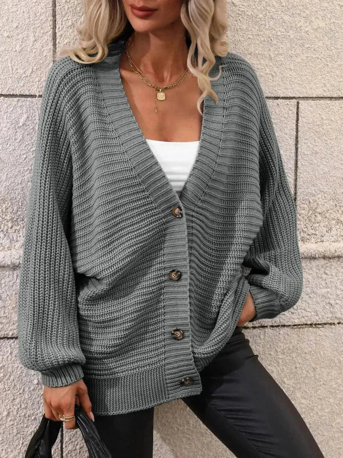 Button Down Horizontal-Ribbing Longline Cardigan - Bad Moms Club