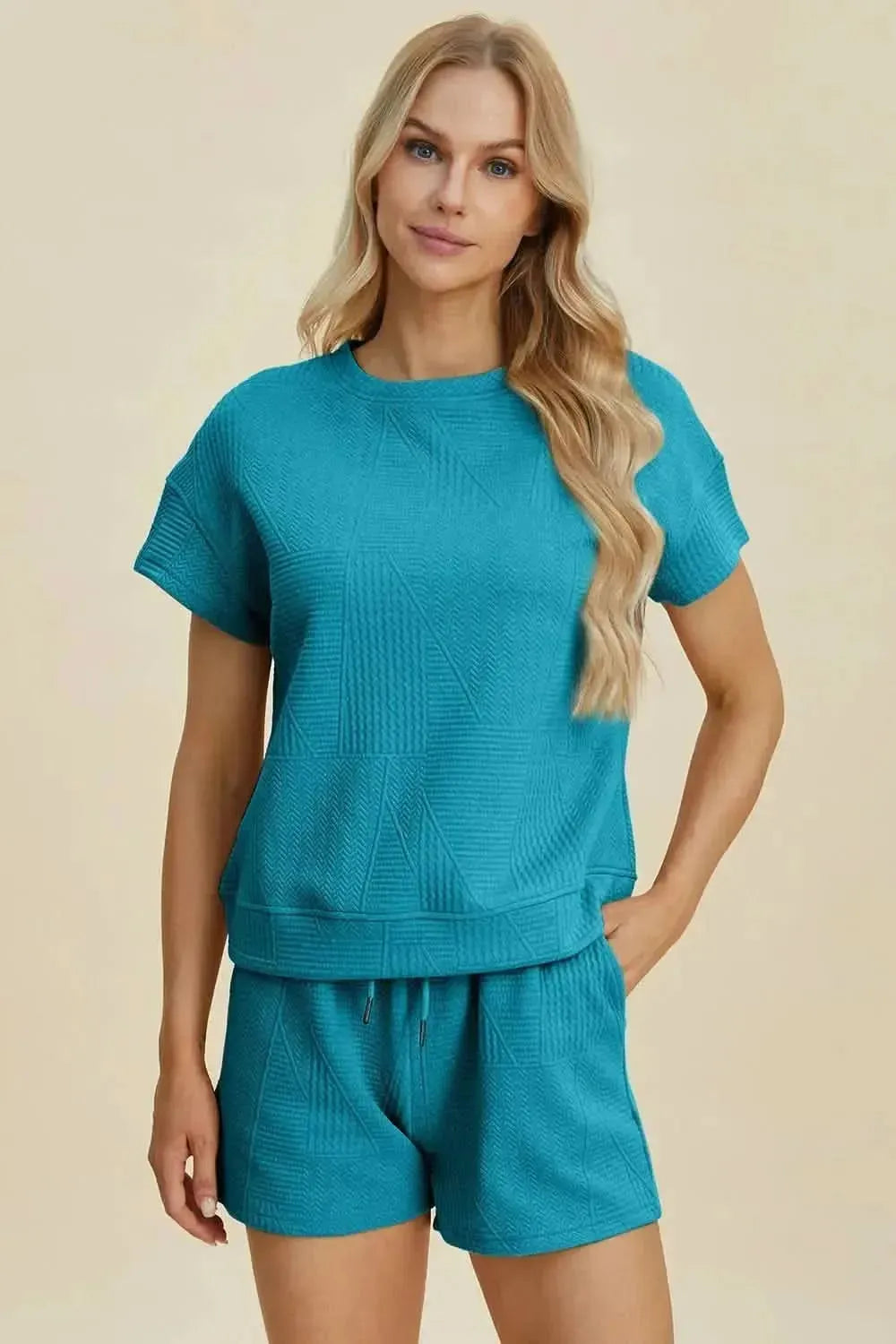 Double Take Full Size Texture Short Sleeve Top and Shorts Set - Bad Moms Club