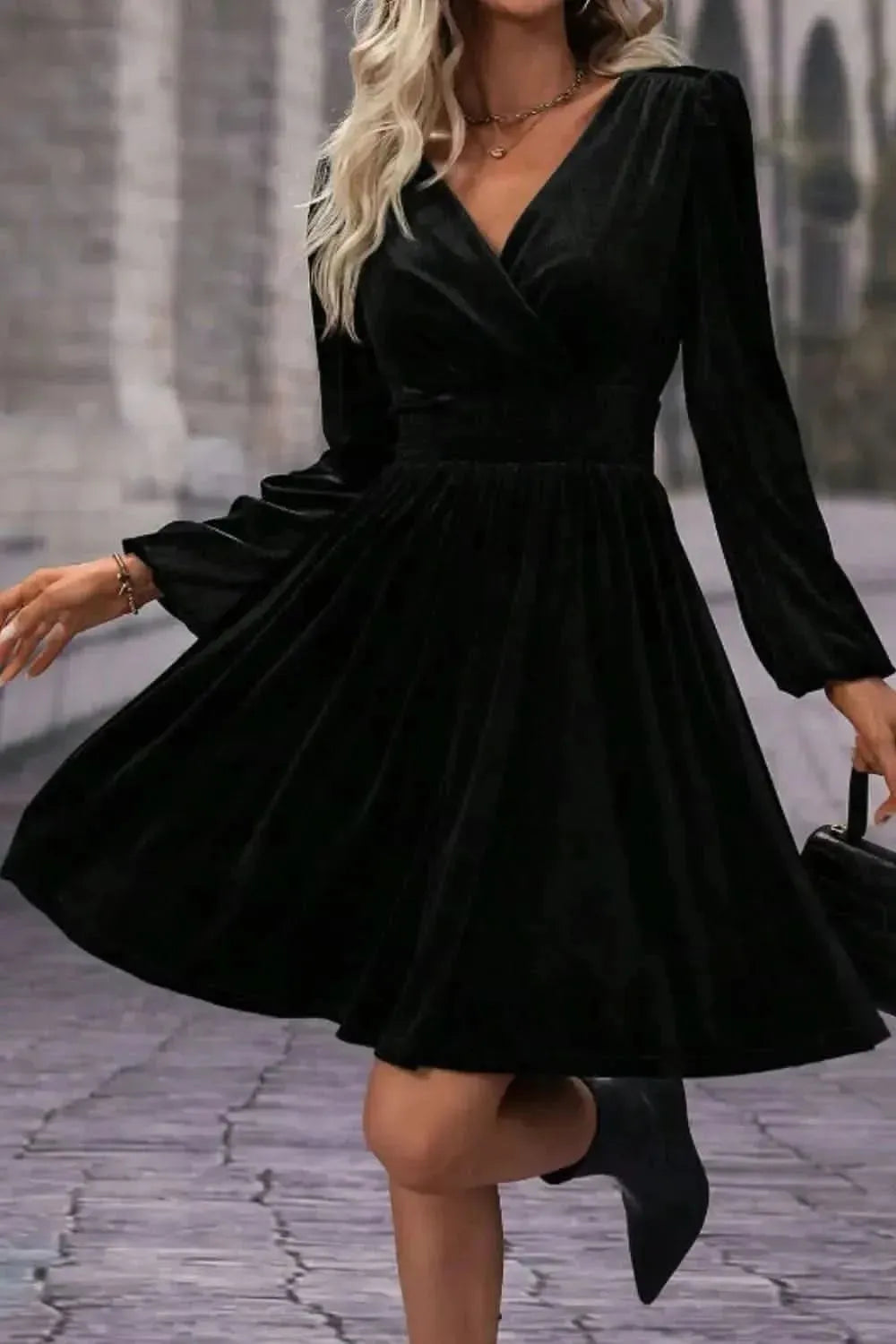 Surplice Long Sleeve Velvet Dress - Bad Moms Club