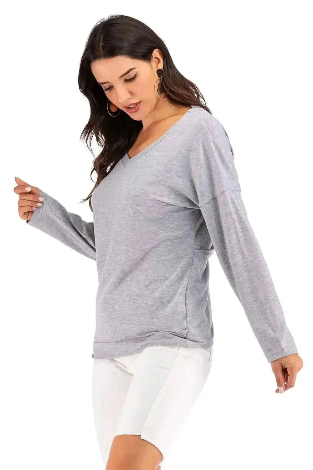 Perfee V-Neck Drop Shoulder Open Back Sweatshirt - Bad Moms Club