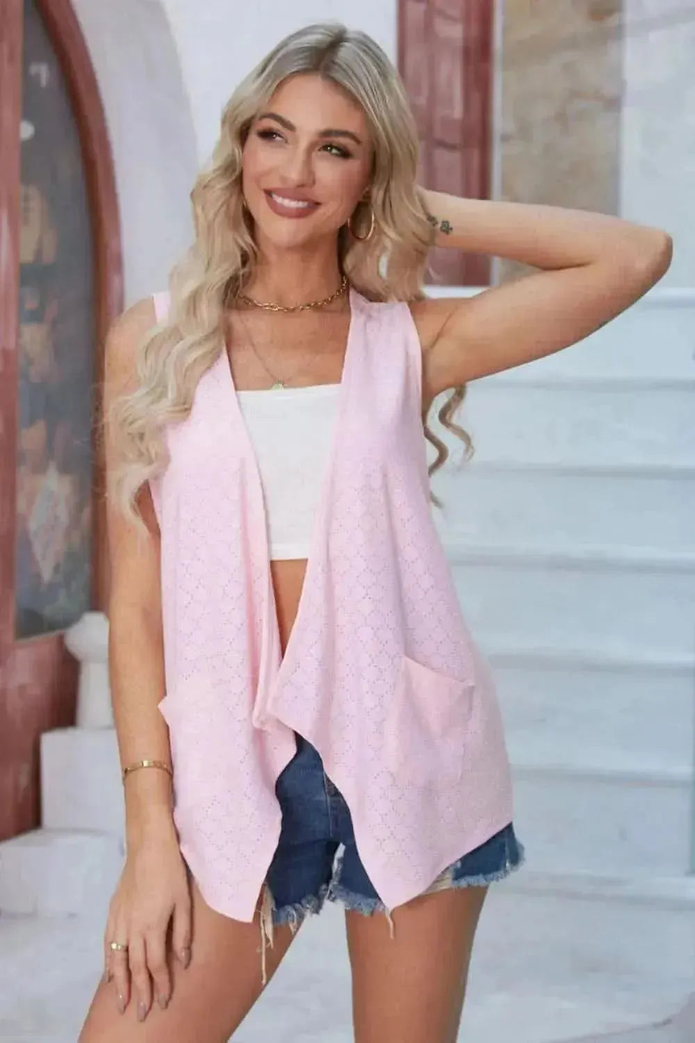 Eyelet Open Front Sleeveless Cardigan - Bad Moms Club