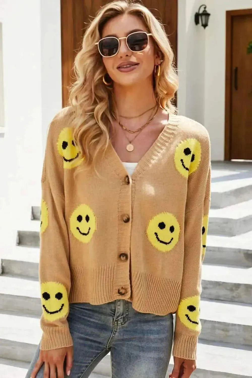 Smiley Face Ribbed Trim V-Neck Cardigan - Bad Moms Club