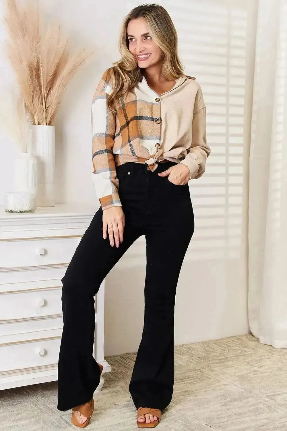 Perfee Plaid Print Dropped Shoulder Shirt - Bad Moms Club