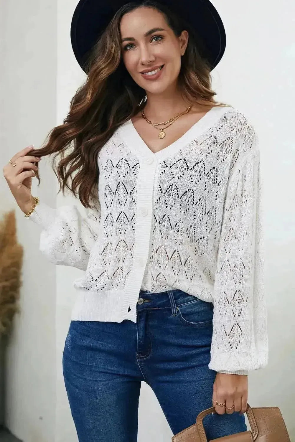 Openwork V-Neck Cardigan - Bad Moms Club
