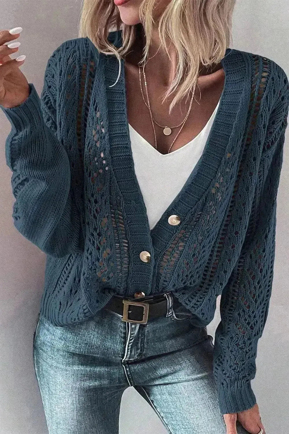 Openwork Button Up Long Sleeve Cardigan - Bad Moms Club