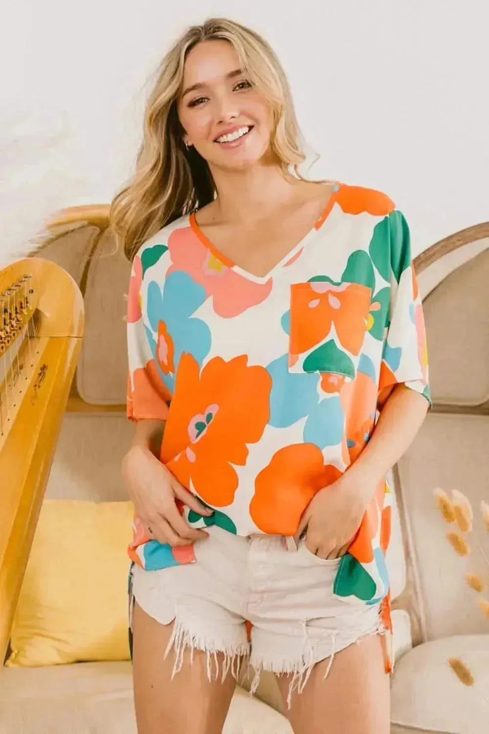 BiBi Floral V Neck Slit Side T-Shirt - Bad Moms Club