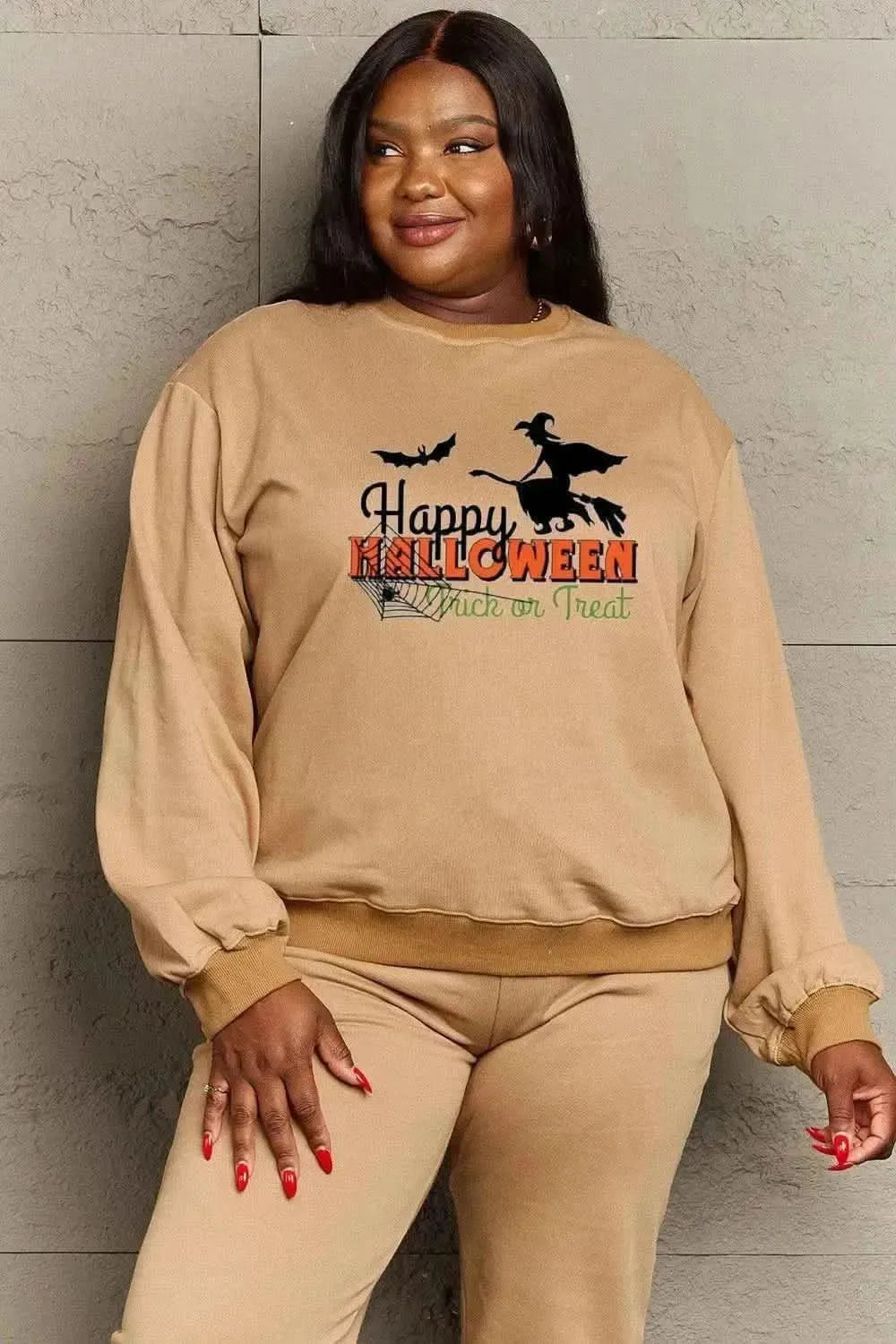 Simply Love Full Size HAPPY HALLOWEEN TRICK OR TREAT Graphic Sweatshirt - Bad Moms Club