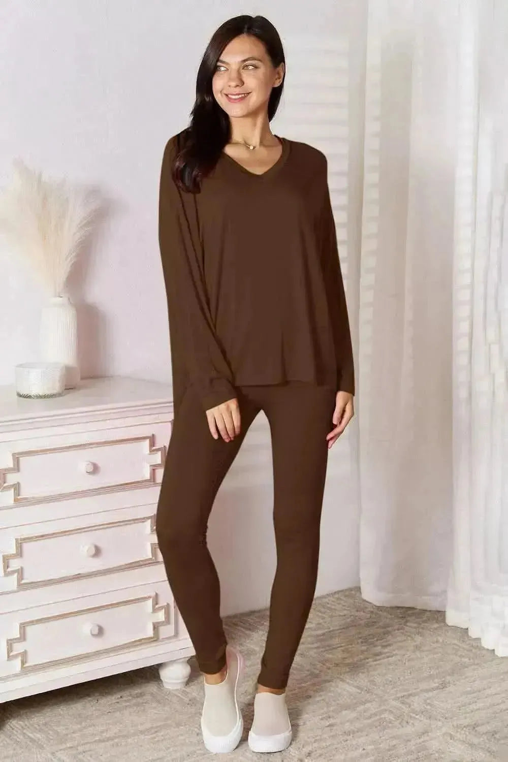 Basic Bae Full Size V-Neck Soft Rayon Long Sleeve Top and Pants Lounge Set - Bad Moms Club
