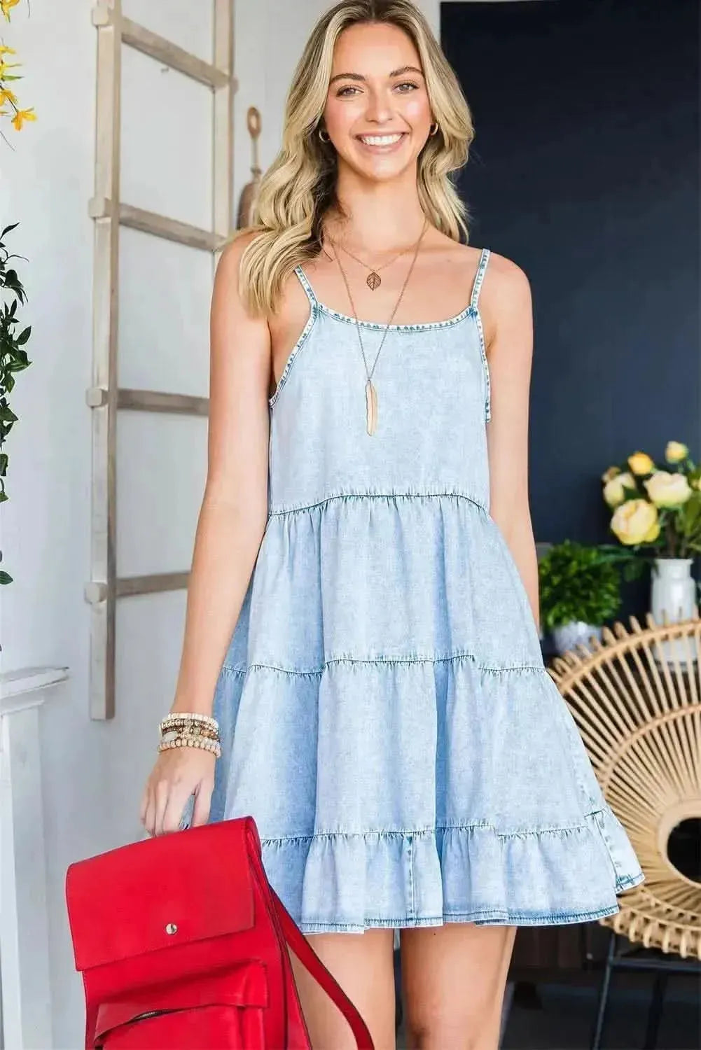 Spaghetti Strap Tiered Denim Dress - Bad Moms Club