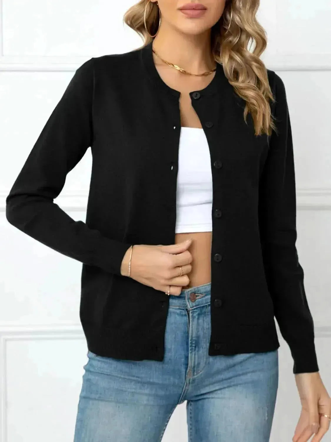 Button Down Round Neck Cardigan - Bad Moms Club