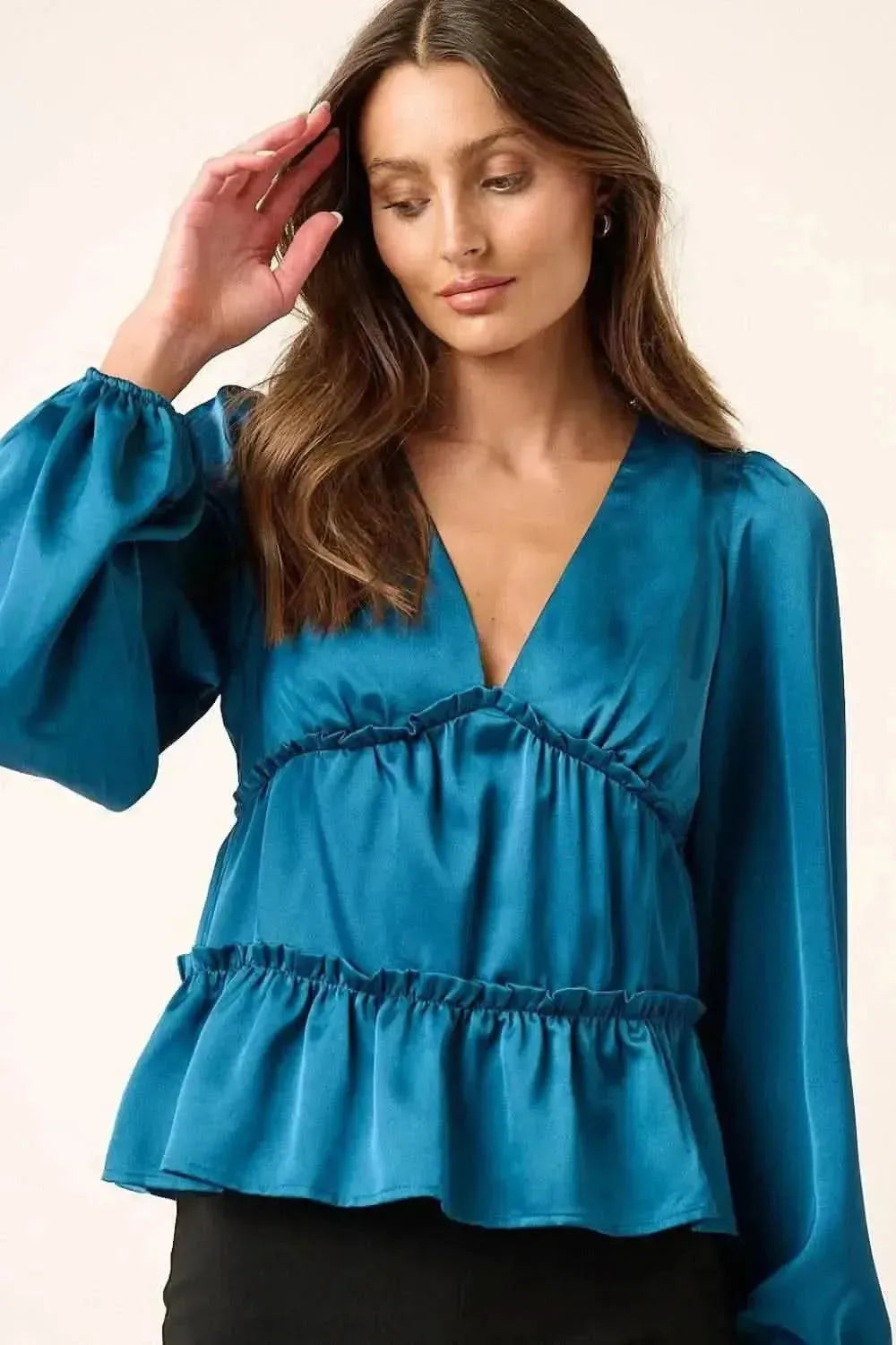 Mittoshop Satin V Neck Ruffled Tier Blouse - Bad Moms Club