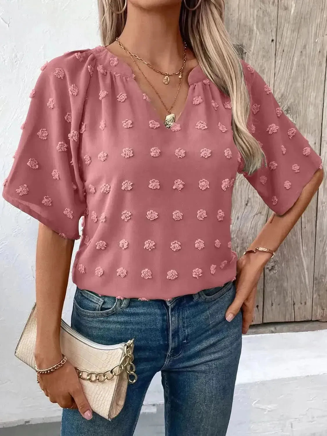 Ivy Lane Swiss Dot Notched Half Sleeve Blouse - Bad Moms Club