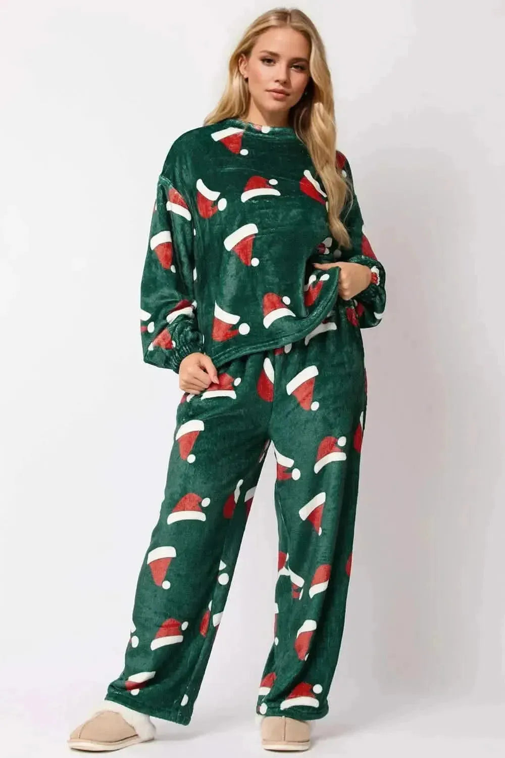 Christmas Hat Pattern Round Neck Long Sleeve Top and Pants Set - Bad Moms Club
