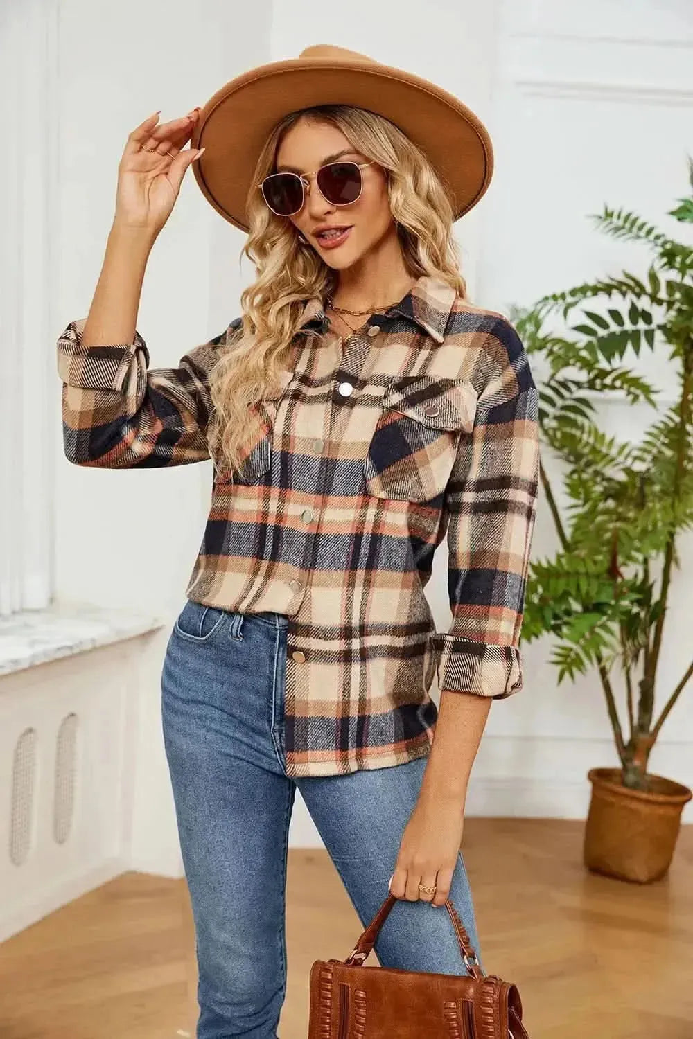 Button Down Collared Plaid Shacket - Bad Moms Club