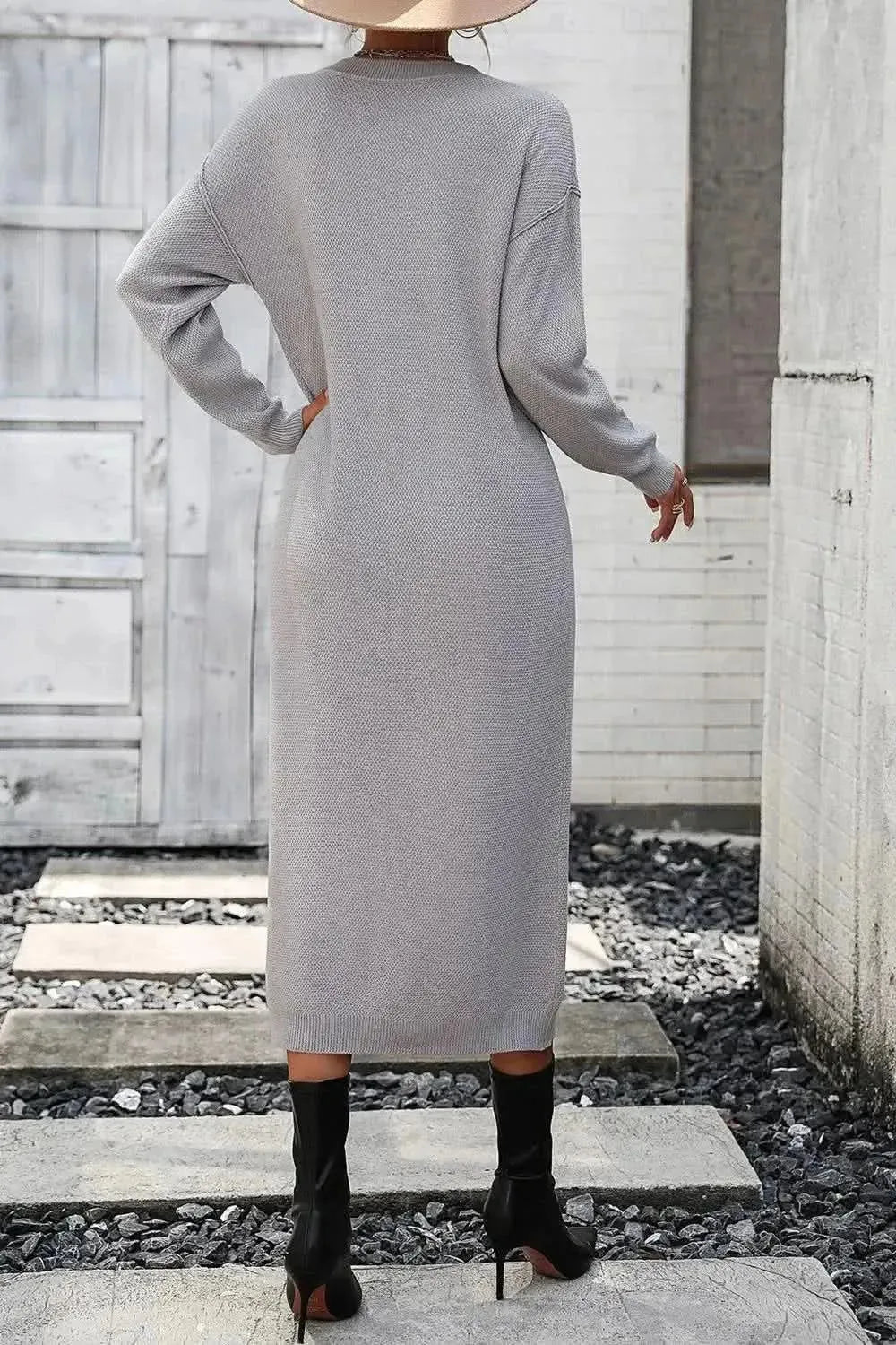 Decorative Button Notched Dropped Shoulder Sweater Dress - Bad Moms Club