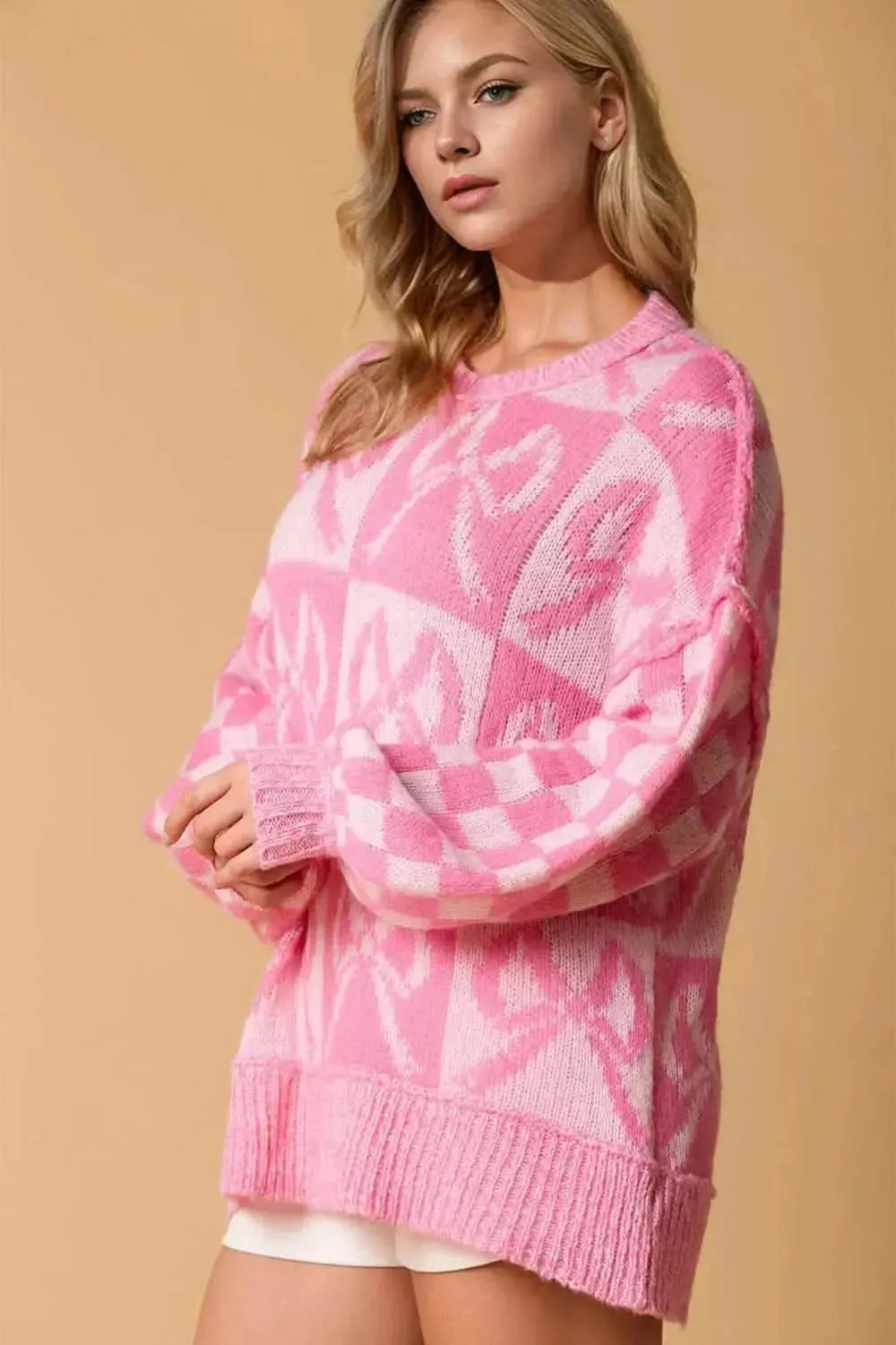 Double Take Full Size Checkered Bow Contrast Long Sleeve Sweater - Bad Moms Club