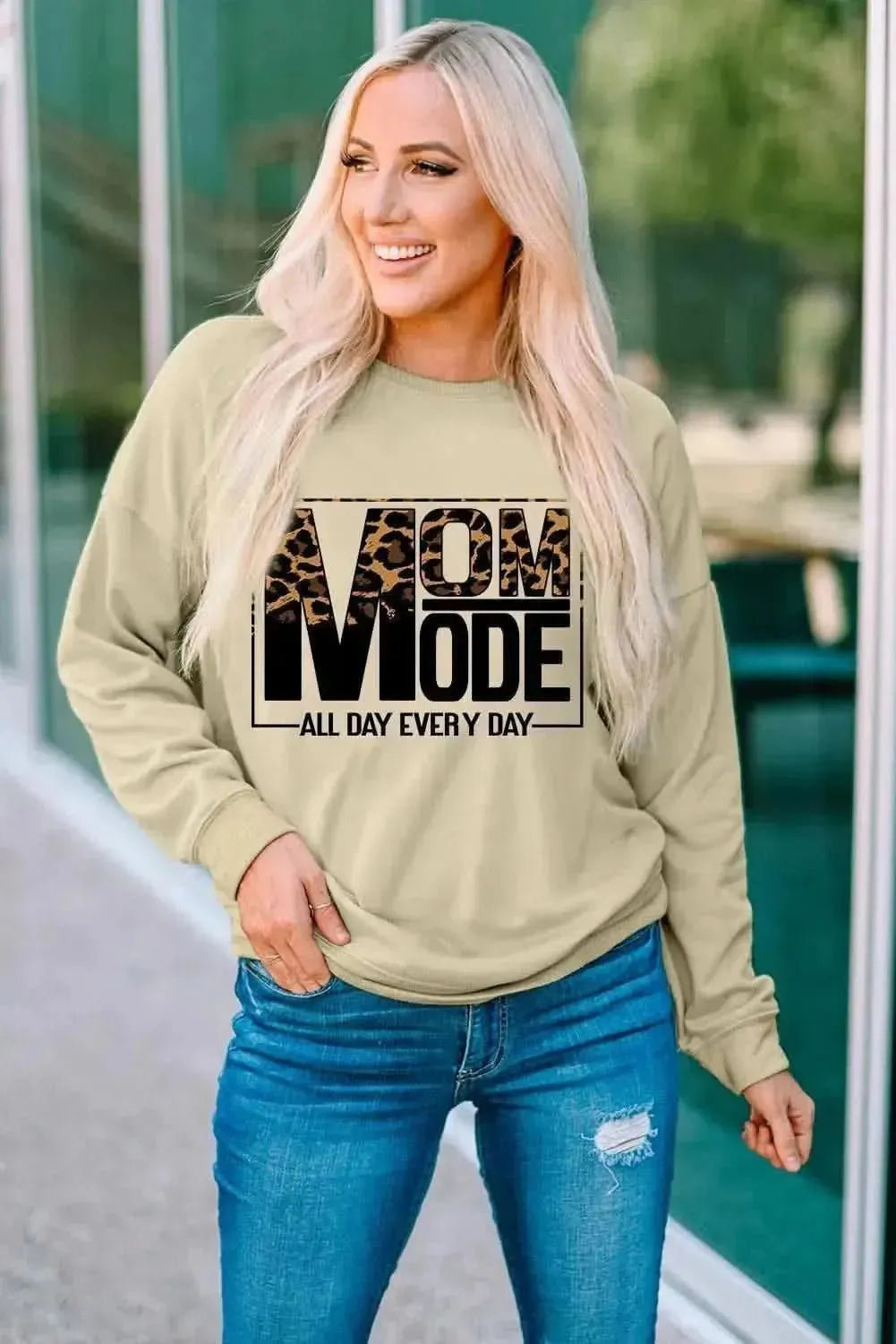 Letter Graphic Leopard Dropped Shoulder Sweatshirt - Bad Moms Club