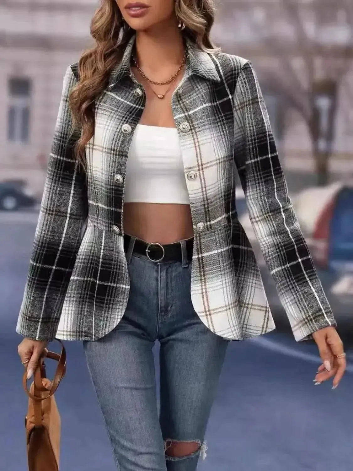 Plaid Button Up Long Sleeve Jacket - Bad Moms Club
