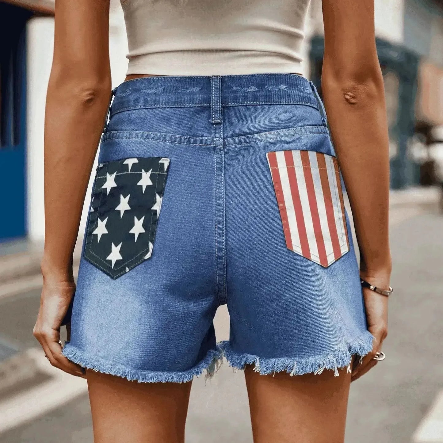 US Flag Distressed Denim Shorts - Bad Moms Club