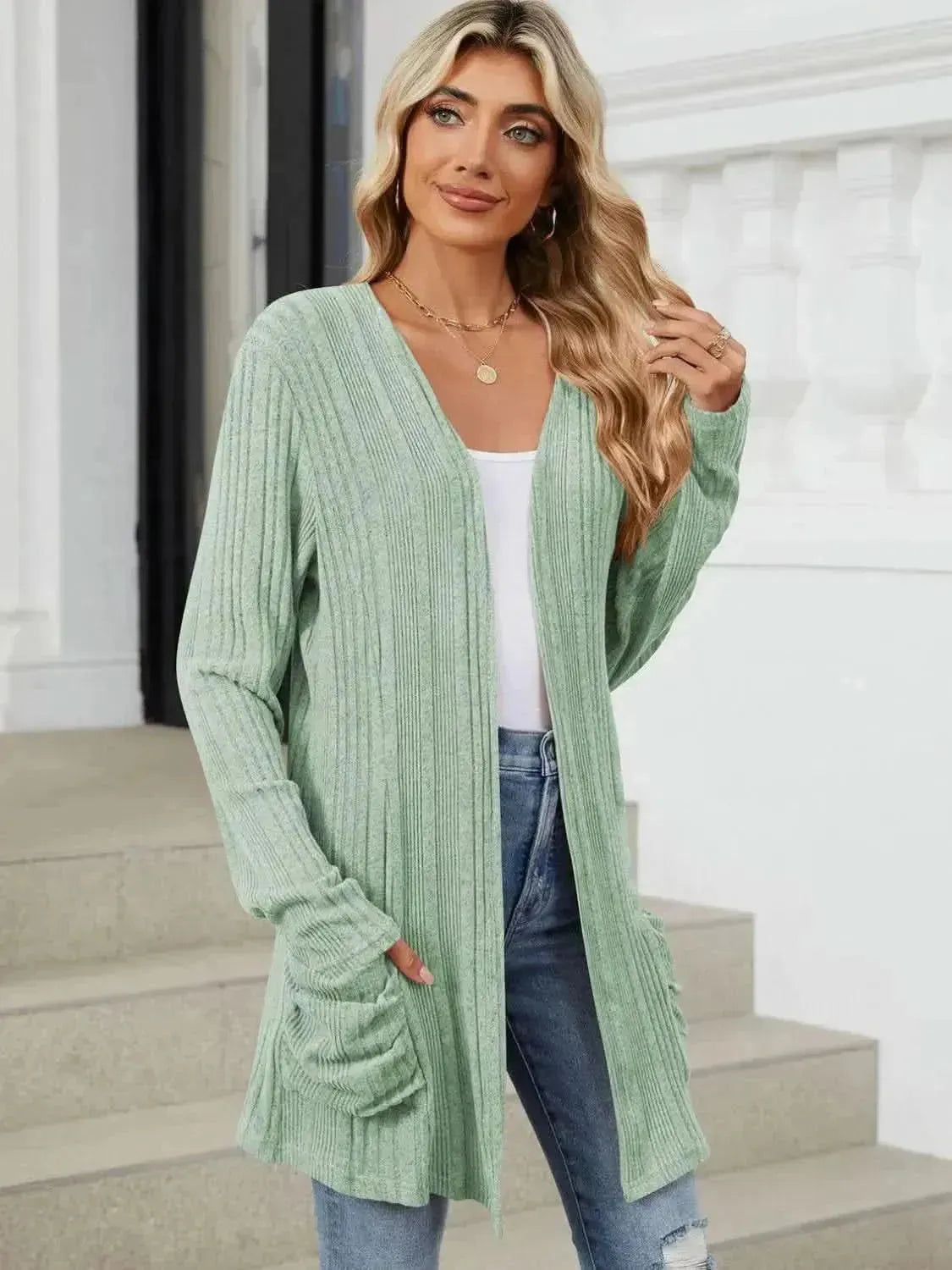 Pocketed Open Front Long Sleeve Cardigan - Bad Moms Club