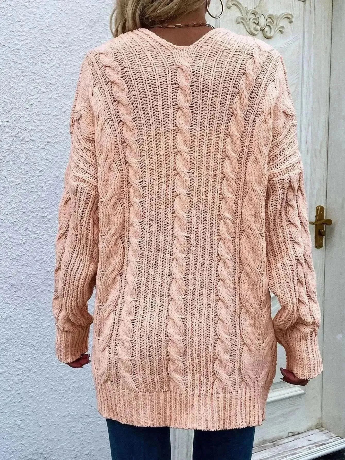 Woven Right Cable-Knit Open Front Cardigan with Front Pockets - Bad Moms Club