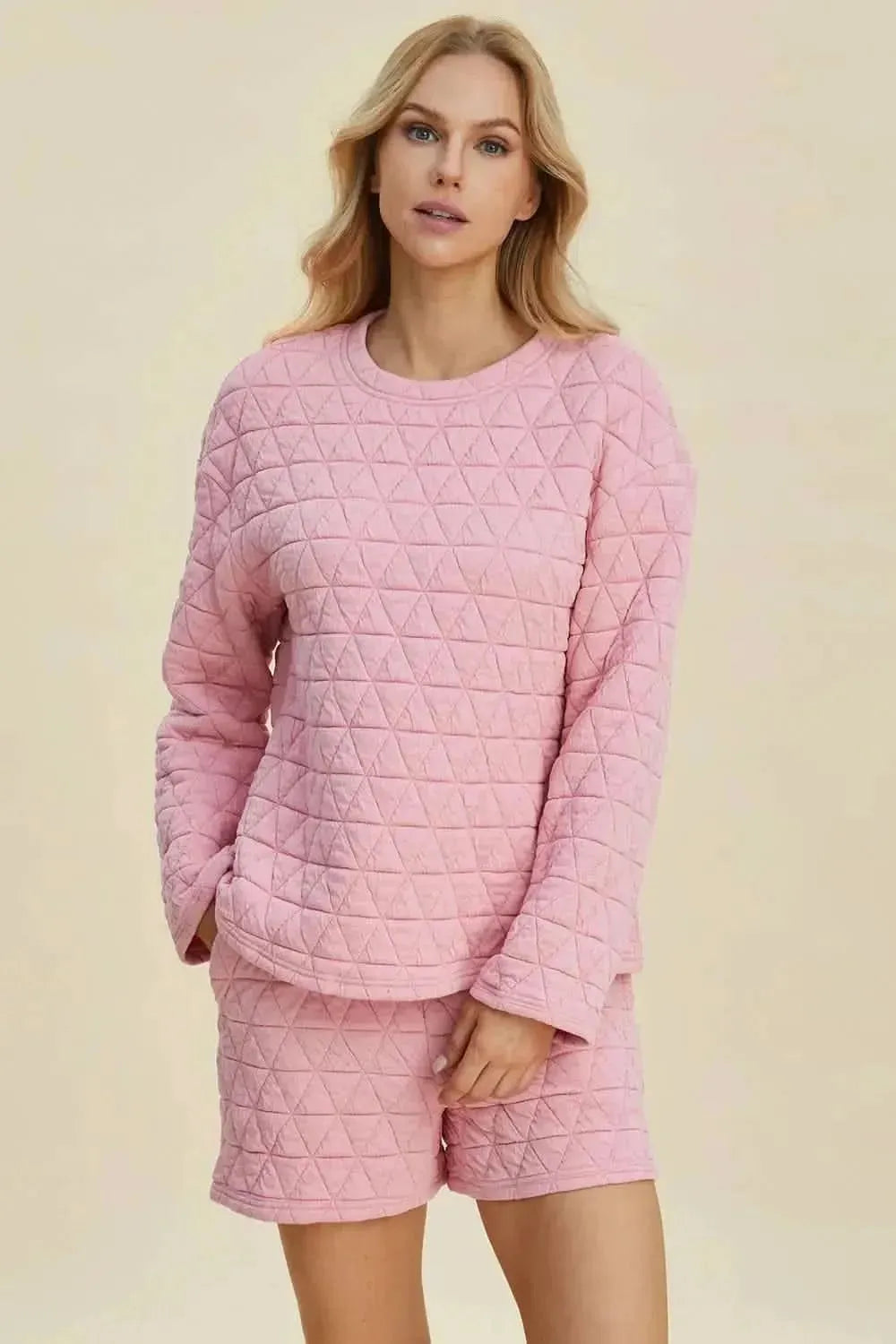 Double Take Full Size Texture Round Neck Long Sleeve Top and Shorts Set - Bad Moms Club