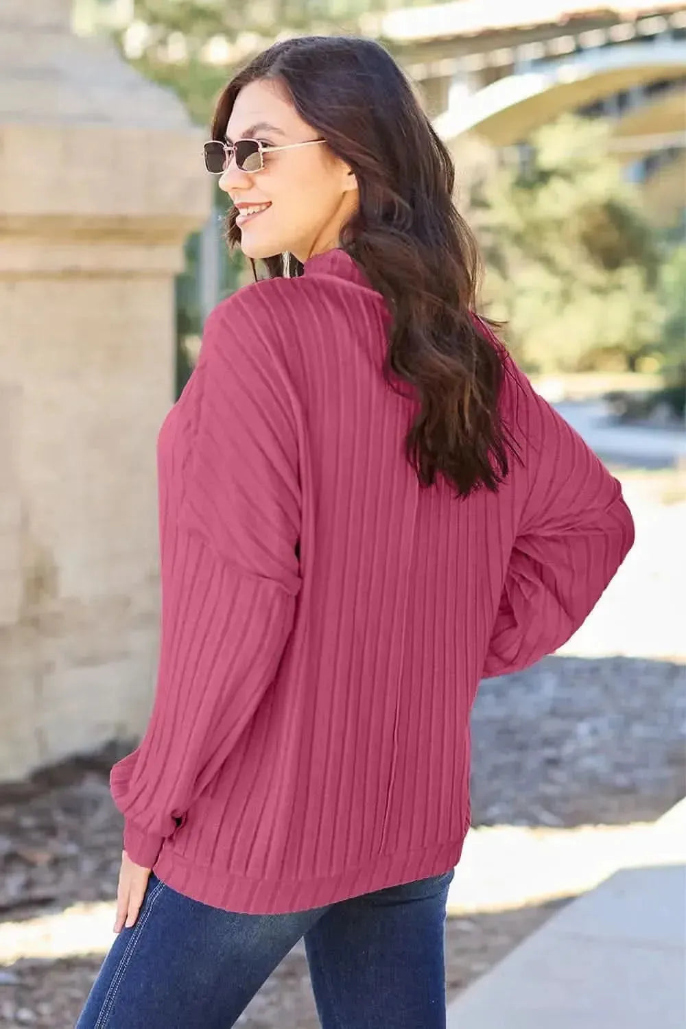 Basic Bae Full Size Ribbed Exposed Seam Mock Neck Knit Top - Bad Moms Club