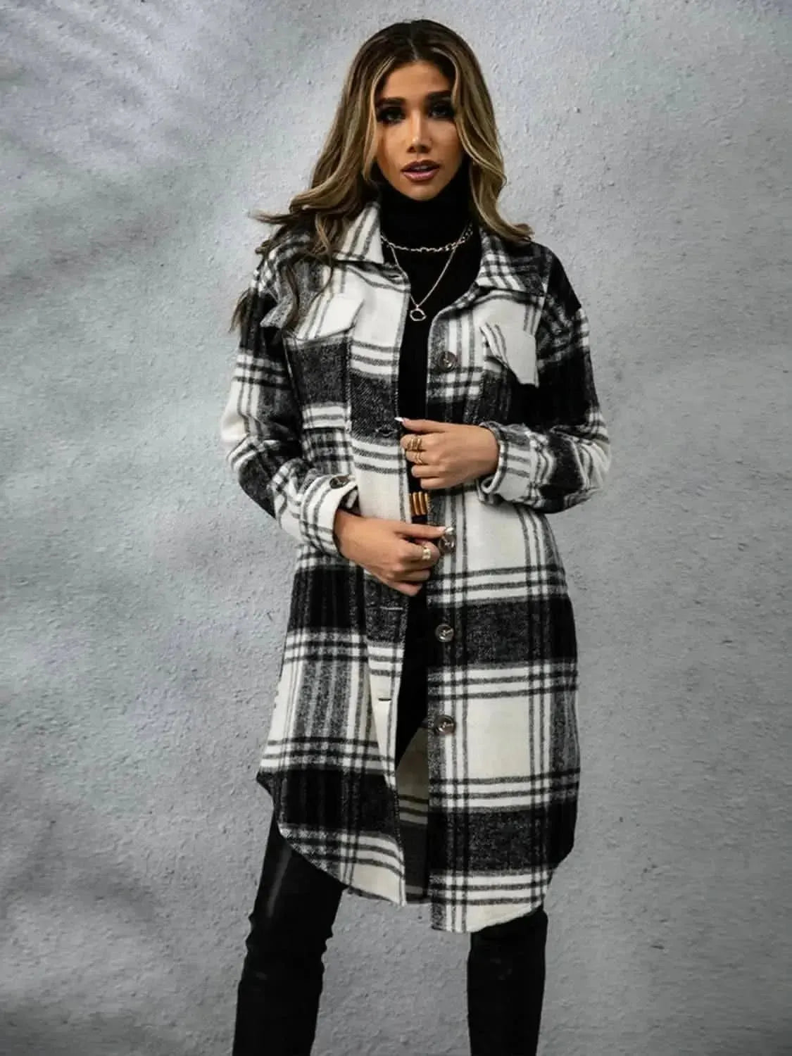 Plaid Collared Neck Long Sleeve Coat - Bad Moms Club