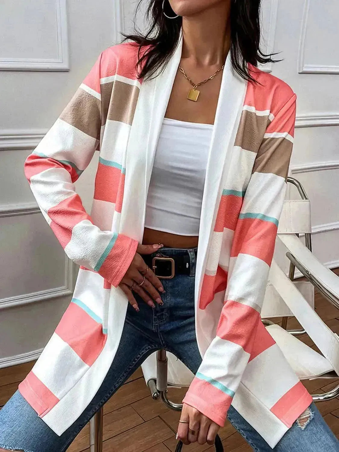 Striped Open Front Longline Cardigan - Bad Moms Club