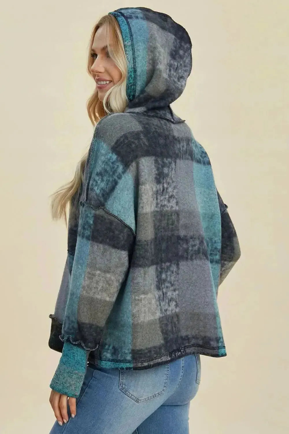 Double Take Full Size Plaid Dropped Shoulder Fleece Hoodie - Bad Moms Club
