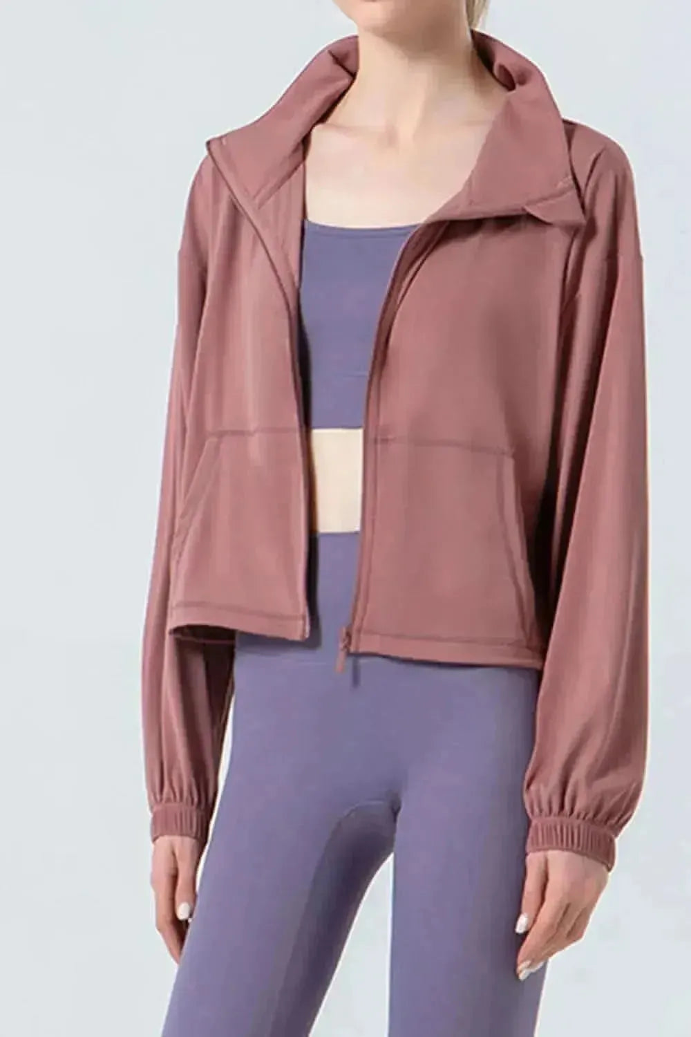 Drawstring Zip Up Dropped Shoulder Active Outerwear - Bad Moms Club