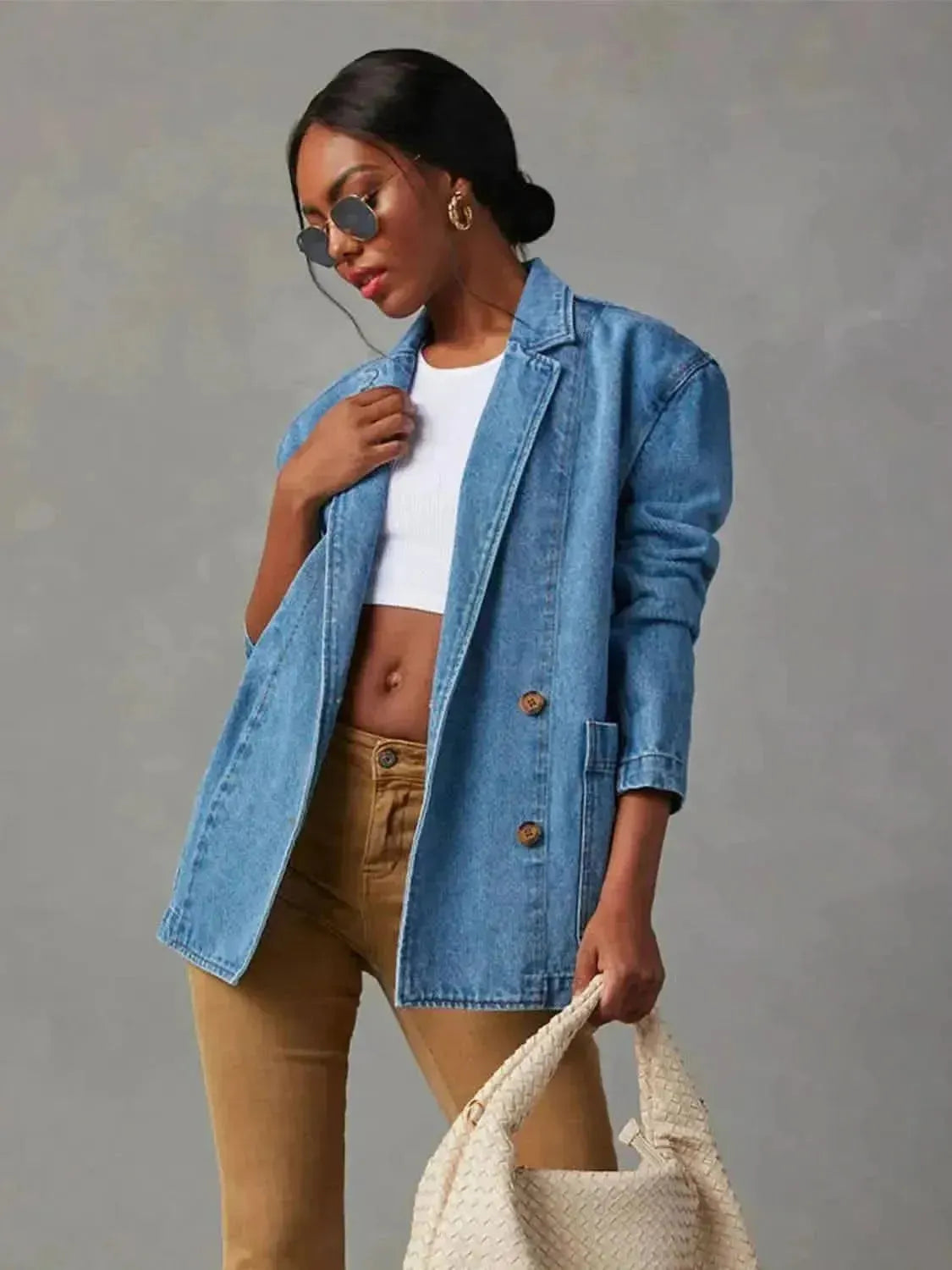 Collared Neck Long Sleeve Denim Jacket - Bad Moms Club