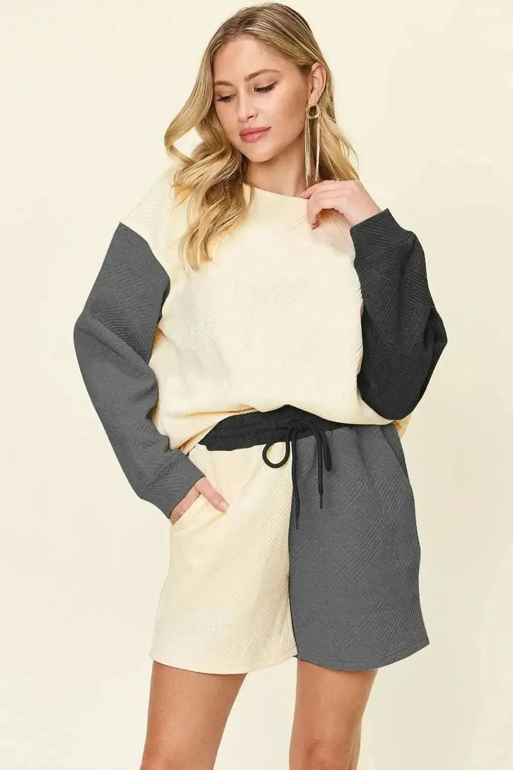 Double Take Full Size Contrast Drop Shoulder Top and Shorts Set - Bad Moms Club
