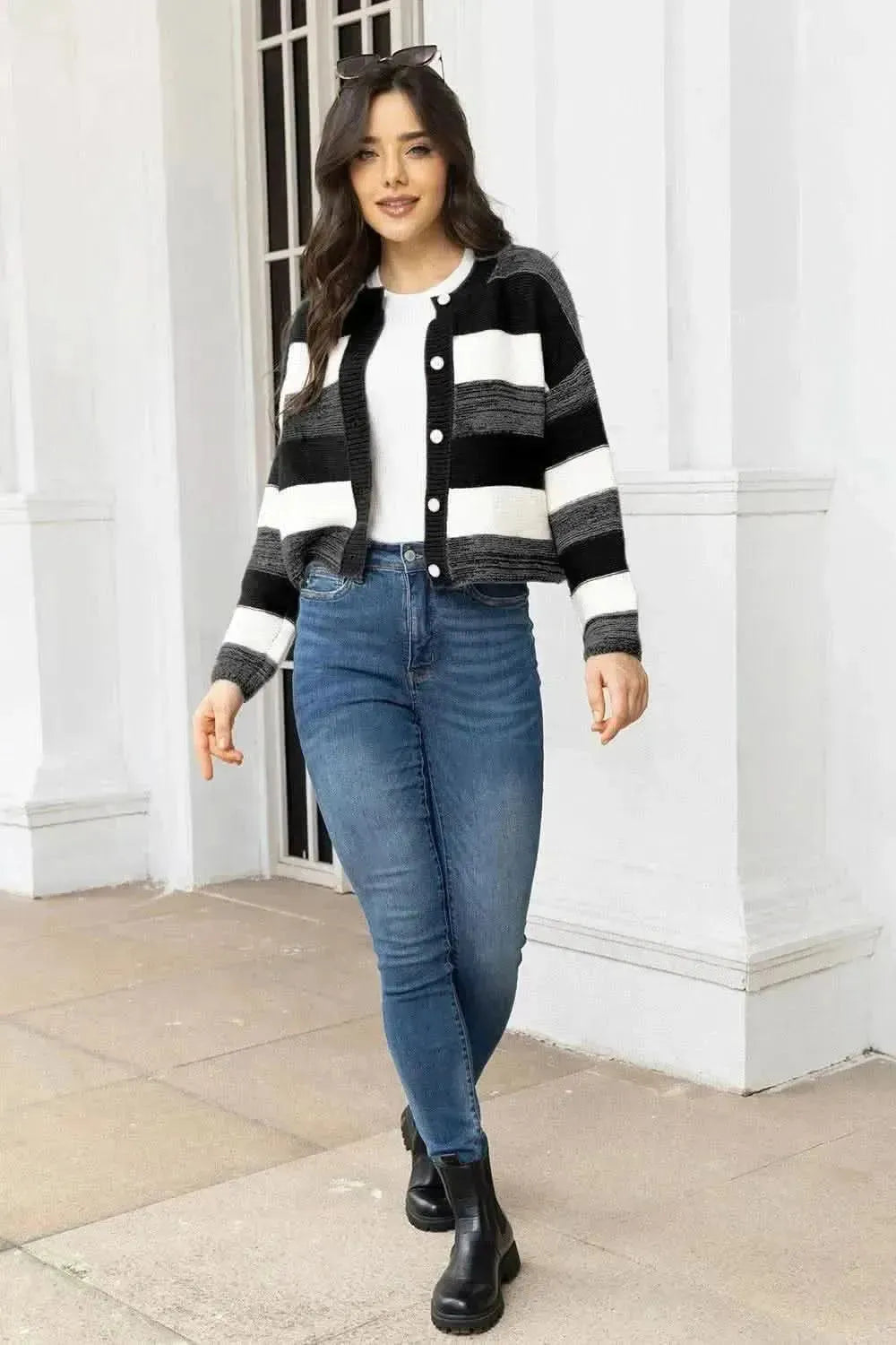 Striped Button Up Long Sleeve Cardigan - Bad Moms Club